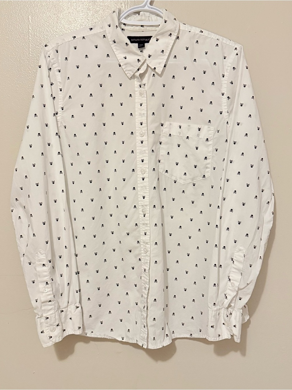Banana Republic White Button-Down Shirt with Black Micro Skull Print
